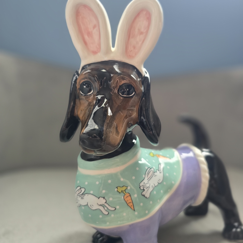 Blue Sky Easter Black & Tan Dachshund Figurine with Bunny Ears and "Sweater"
